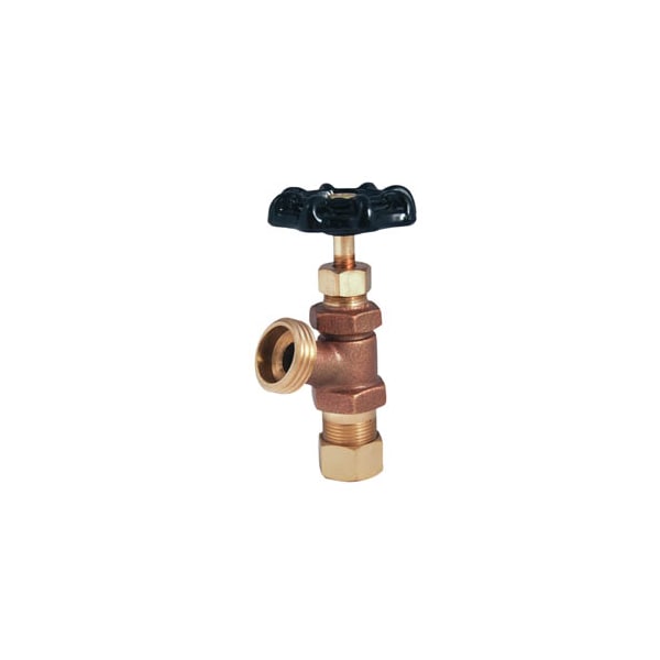 Brass boiler drain valve with black handle, side outlet port, and 1/2 inch connection.