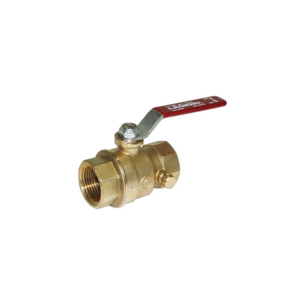 Brass ball valve with red lever handle and drain outlet port on bottom.