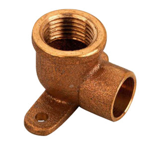 Brass drop ear elbow fitting with 3/4" PEX connection on top and 1/2" female NPT threaded port on side.