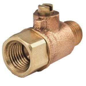 Brass ball valve test cock with female and male threaded ports and small lever handle on top.