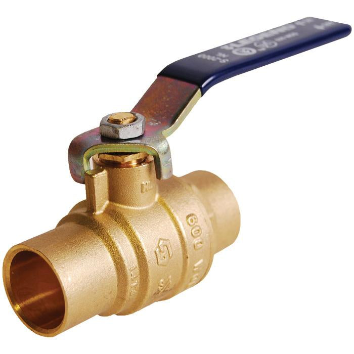Brass ball valve with sweat connections and blue lever handle on white background.