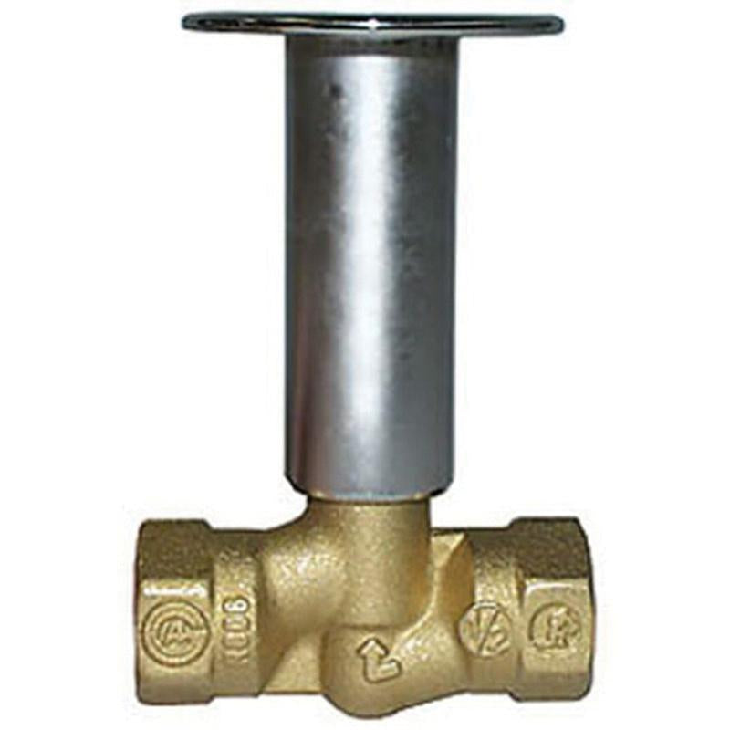 Brass straight log lighter valve with 1/2 inch female connections and metal handle on top.