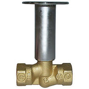 Brass straight log lighter valve with 1/2 inch female NPT connections and metal control handle on top.