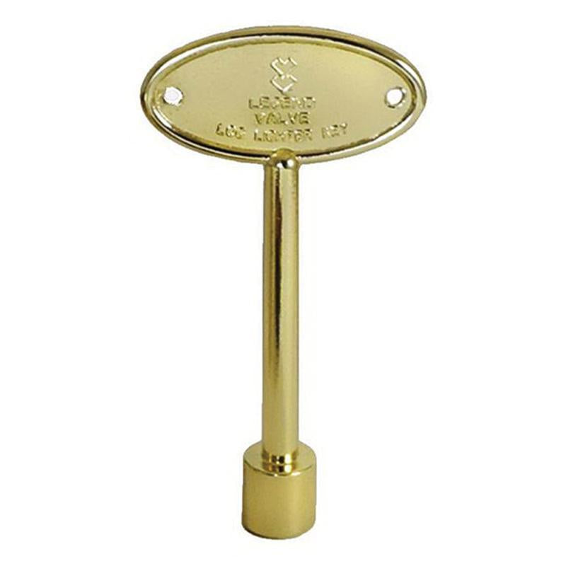 Brass valve key with oval head marked "Legend Valve" and cylindrical shaft with mounting holes.