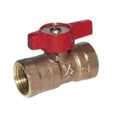 Brass ball valve with red lever handle and female threaded ports on both ends.