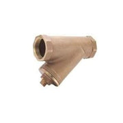 Brass Y-strainer with 2-inch female NPT connections and mesh filter basket, shown at angle.