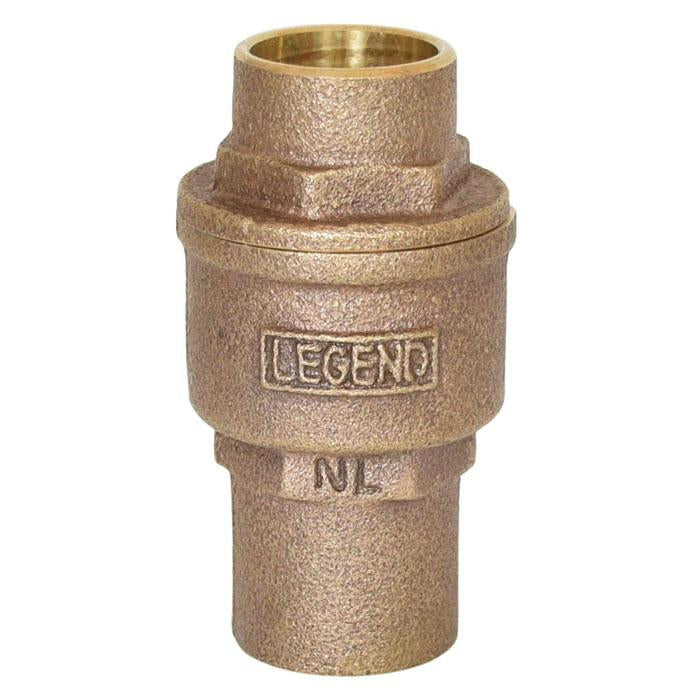 Bronze inline check valve with 1 inch copper sweat connections and "LEGEND" brand marking on textured body.
