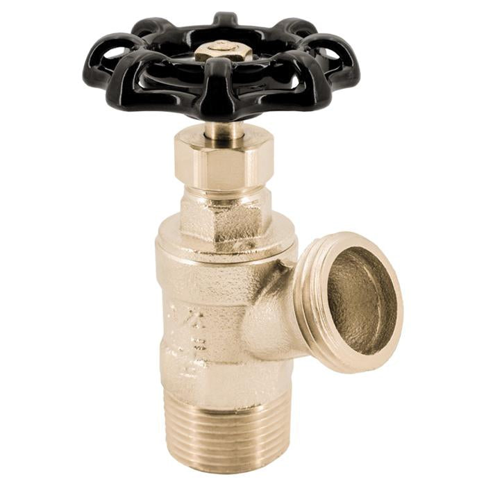 Brass boiler drain valve with black wheel handle, threaded male inlet, and sweat outlet connection.