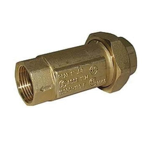 Brass dual check backflow preventer valve with 3/4 inch female threaded connections on both ends.