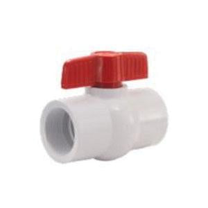 White PVC ball valve with red handle and threaded ports on both ends.