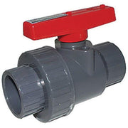 Gray PVC ball valve with red lever handle and solvent weld connection ports on both ends.