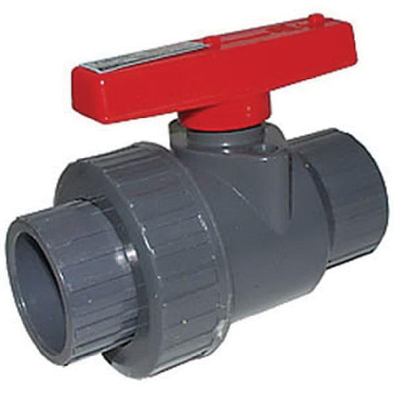 Gray PVC ball valve with red lever handle and solvent weld connection ports on both ends.