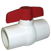 White PVC ball valve with red lever handle and threaded connections on both ends.