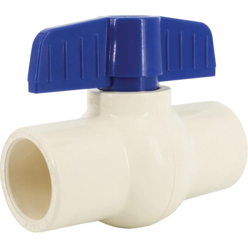 White CPVC ball valve with blue lever handle and solvent weld ends.