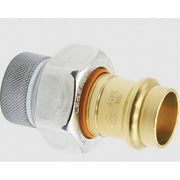 Galvanized steel di-electric union with threaded female connection on left and press fitting on right, orange insulator ring 