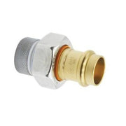 Galvanized steel di-electric union with brass press fitting and textured gray collar on white body.