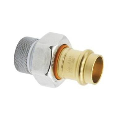Galvanized steel di-electric union with brass press fitting and textured gray collar on white body.