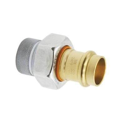 Brass di-electric union with threaded female connection on left and press fitting on right, separated by insulating white col