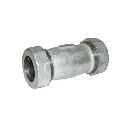 Galvanized stainless steel pipe coupling with threaded female connectors on both ends.