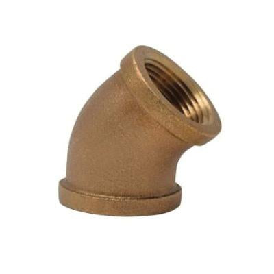 Bronze 45-degree pipe elbow with female threaded ports on both ends, angled connector view.