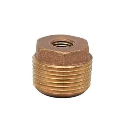 Bronze hexagonal reducing bushing with male threads on bottom and female thread opening on top.