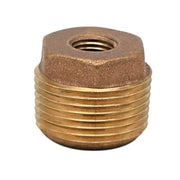 Bronze hex bushing with male threaded end on bottom and female threaded opening on top.