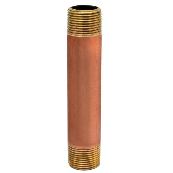 Red brass pipe nipple with threaded brass fittings on both ends.