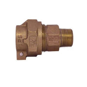 Bronze pipe coupling with 3/4 inch female connection on left and male threaded connection on right.