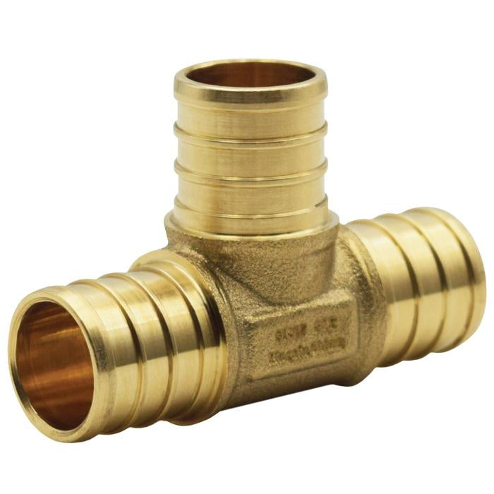 Brass tee fitting with three 2-inch PEX barbed connections arranged in a T-shape.