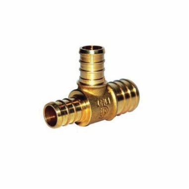 Brass tee fitting with three barbed PEX connectors in different sizes arranged in T-shape configuration.
