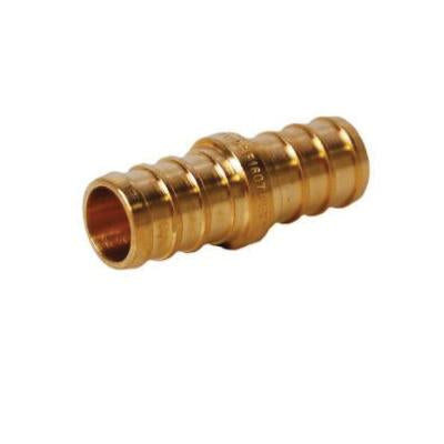 Brass PEX coupling with barbed ends for 1-1/4 inch tubing connections.