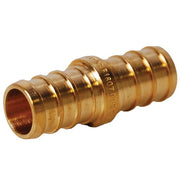 Brass PEX coupling with two equal-sized openings, ribbed grip sections, and tapered cylindrical body.