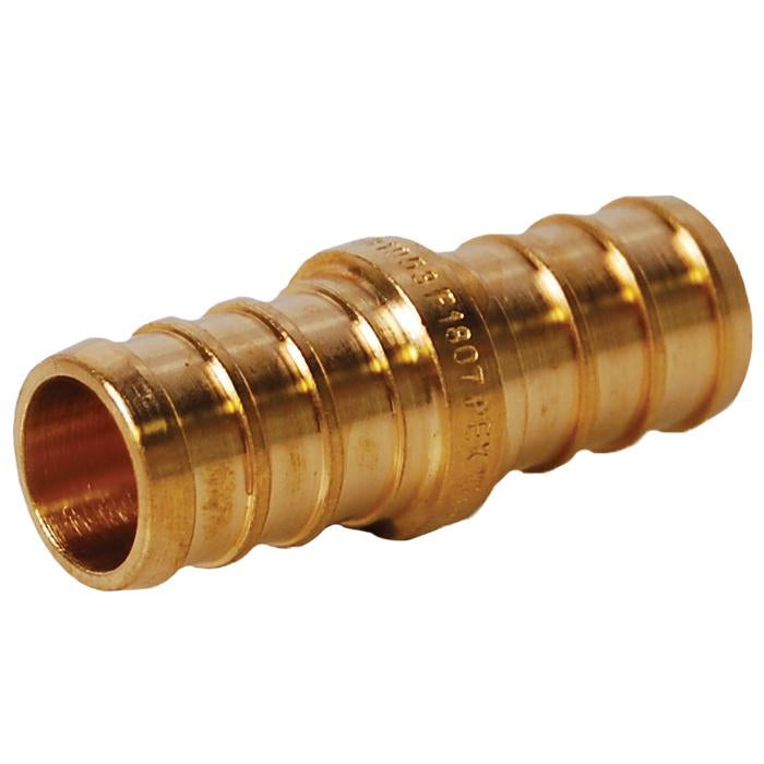 Brass PEX coupling with two equal-sized openings, ribbed grip sections, and tapered cylindrical body.