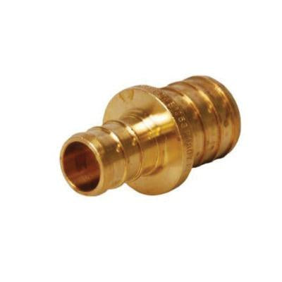 Brass PEX coupling connector with 1-1/4 in and 1 in fitting ends on white background.