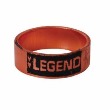 Copper crimp ring with black Legend branding label on outer surface.