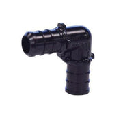 Black PEX plastic elbow connector with 3/4 inch barbed and socket ends at 90-degree angle.