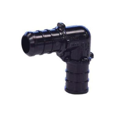 Black PEX plastic elbow connector with 3/4 inch barbed and socket ends at 90-degree angle.
