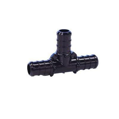 Black plastic tee connector with three barbed ports for 3/4 inch PEX tubing connections.