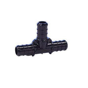 Black PEX plastic tee connector with three barbed ports arranged in T-shape configuration.