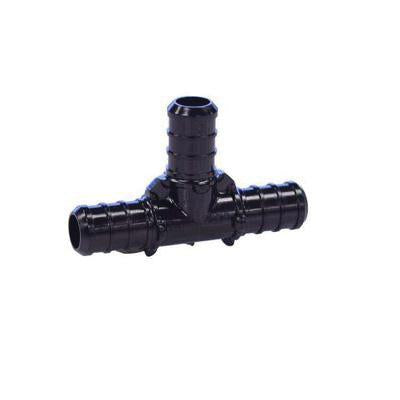 Black PEX plastic tee connector with three barbed ports arranged in T-shape configuration.