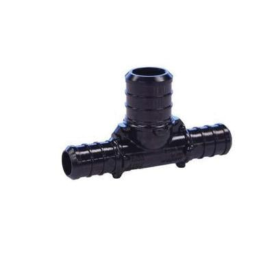 Black plastic tee fitting with one vertical and two horizontal PEX connectors.