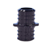 Black plastic PEX coupling with blue grip rings on both ends, 1/2 inch connections.