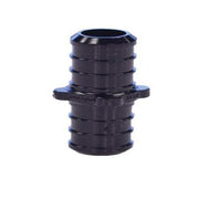 Black plastic PEX coupling with blue ring and two barbed connection ends.