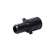 Black plastic PEX coupling with two different-sized barbed ends for connecting 3/4 in and 1/2 in tubing.