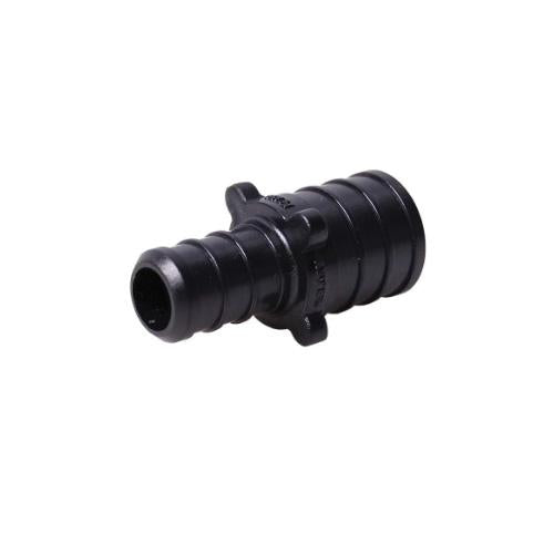 Black plastic PEX coupling with 3/4 inch and 1/2 inch barbed ends for connecting tubing.
