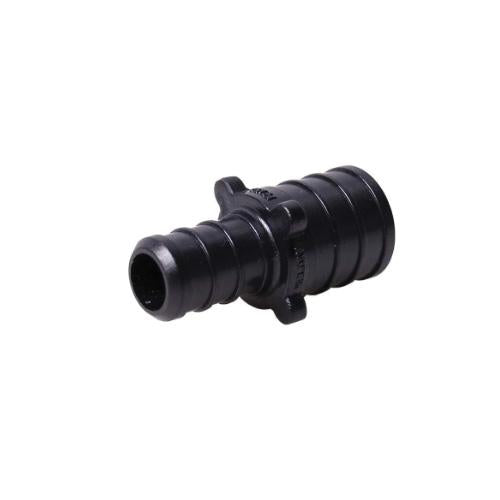 Black plastic PEX coupling with one inch and half inch barbed ends for connecting tubing.