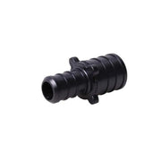 Black plastic PEX coupling with 1 inch and 1/2 inch barbed ends for connecting tubing.