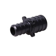Black plastic PEX coupling with 1 inch connection on left side and 3/4 inch on right side.