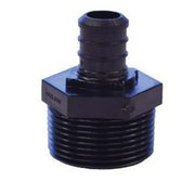 Black plastic adapter with ribbed PEX connection on top and threaded male NPT base.