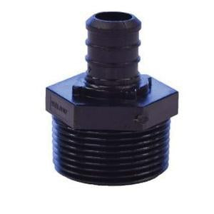 Black plastic adapter with ribbed PEX connection on top and threaded male NPT base.
